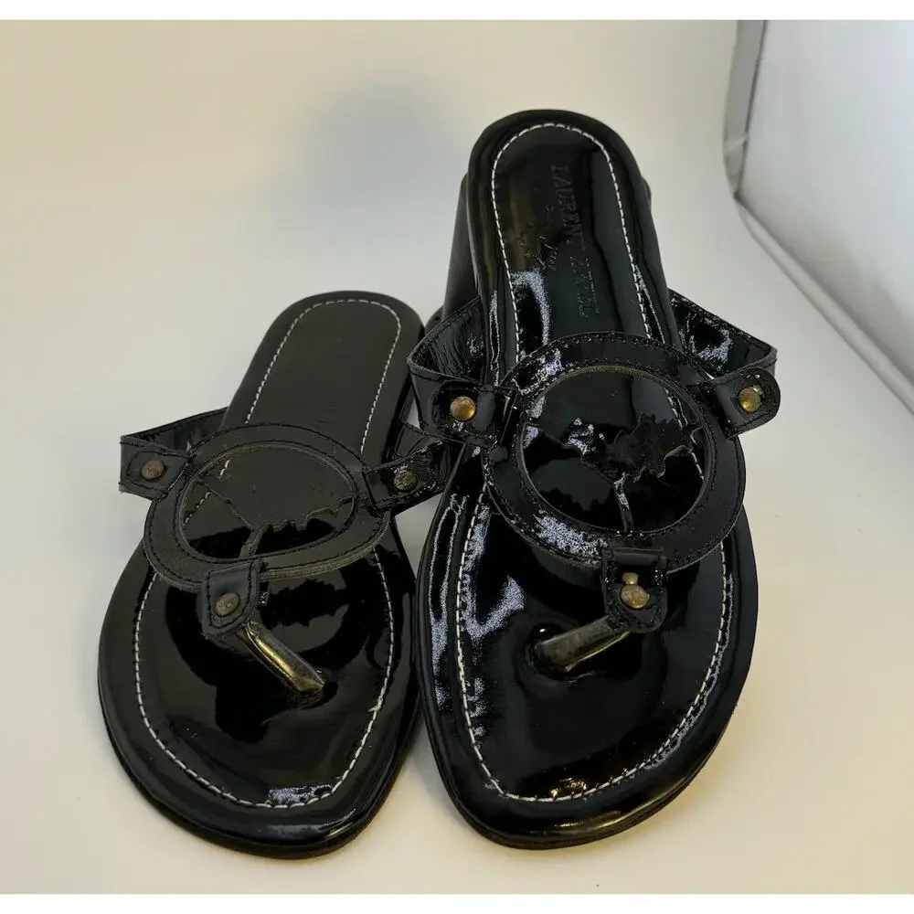 EUC Vintage 2000s Y2K‎ Laurent Effel Black Patent Leather Logo Sandals